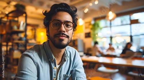 A confident man with glasses sitting in a brightly lit cafe.