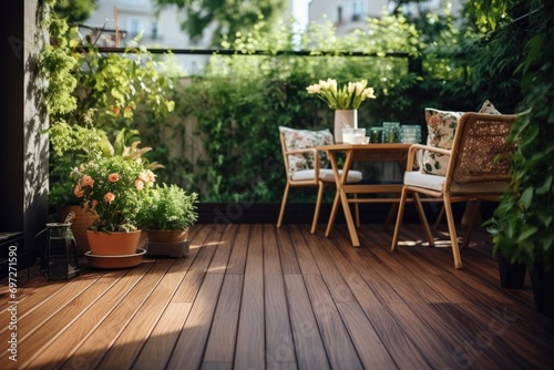A simple wooden deck with a table and chairs, perfect for outdoor dining or relaxation