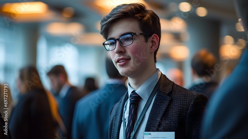 Young academic in glasses at a conference, looking thoughtful.