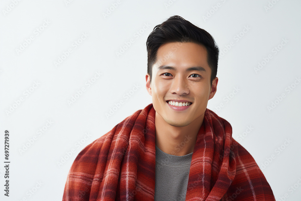 Generative ai image of cheerful positive person wrapped in blanket isolated on grey color background Generative ai image of cheerful positive person wrapped in blanket isolated on grey color background