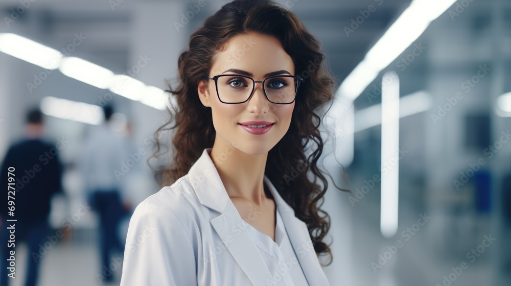 Scientific Leadership: Young Woman in Lab Coat and Glasses with Specialist Team in Modern Medical Laboratory. Scientific Leadership: Young Woman in Lab Coat and Glasses with Specialist Team in Modern Medical Laboratory.