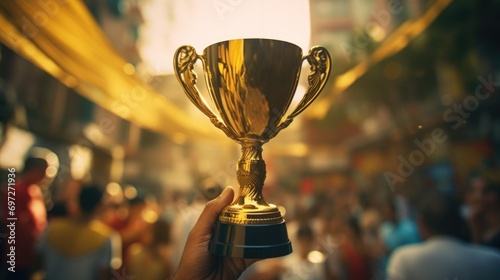 A person holds a golden trophy in front of a crowd. This image can be used to represent success, achievement, competition, or recognition in various contexts