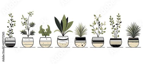 Different plants in colorful pots on a shelf