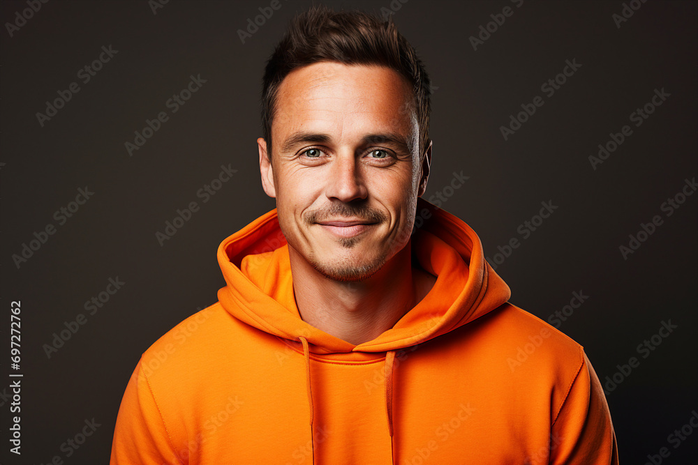 Generative ai portrait of stylish positive man in bright hoodie isolated on brown color background Generative ai portrait of stylish positive man in bright hoodie isolated on brown color background