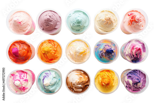 colorful ice cream pints on a surface in aerial view on transparent background