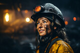 Generative AI portrait of girl miner at the mine in a helmet on dark background