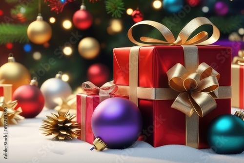 Christmas giftboxs and balls  new year background  horizontal composition