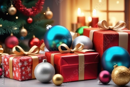 Christmas giftboxs and balls, new year background, horizontal composition © Thanh