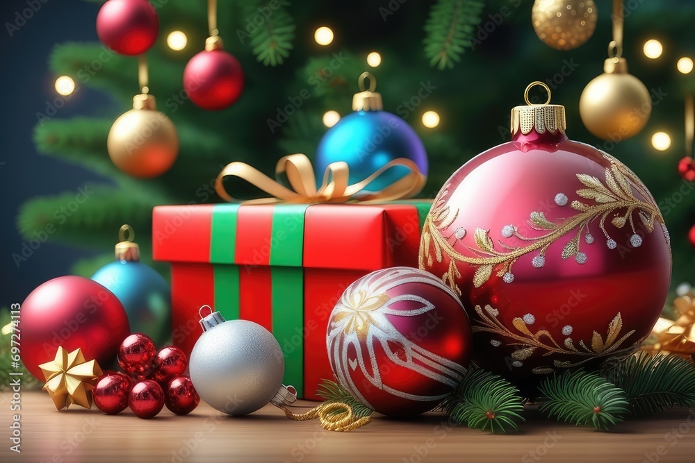 Christmas giftboxs and balls, new year background, horizontal composition