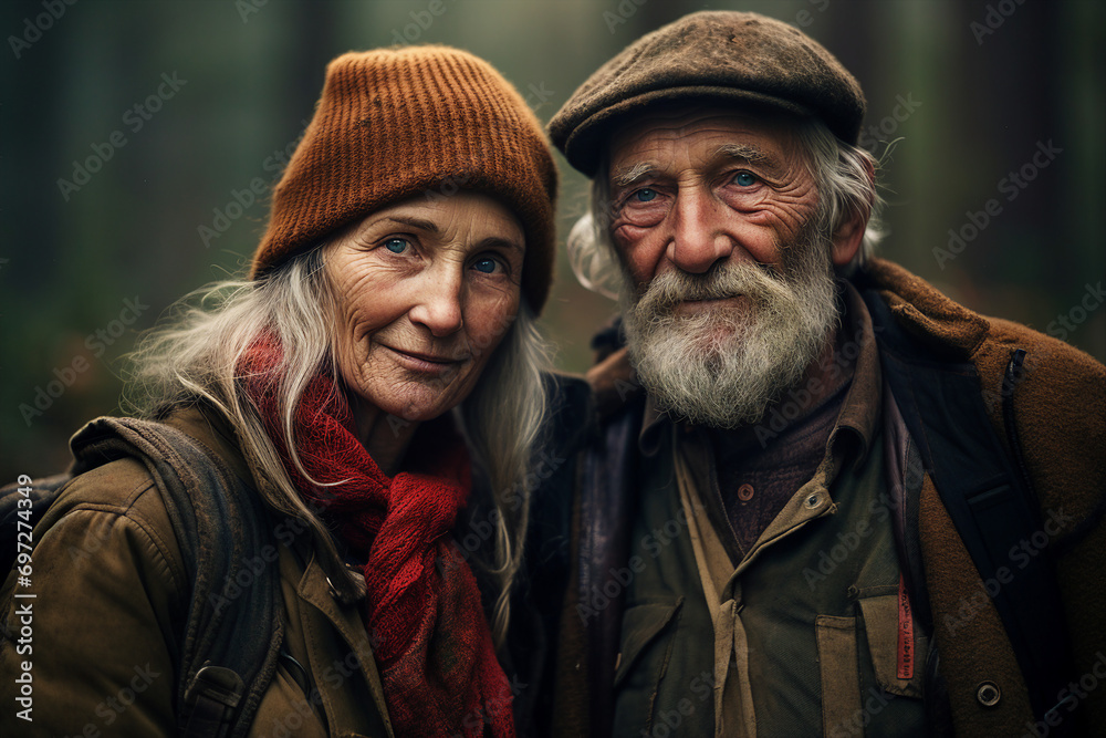 Generative ai photo image of old people walking in green forest together
