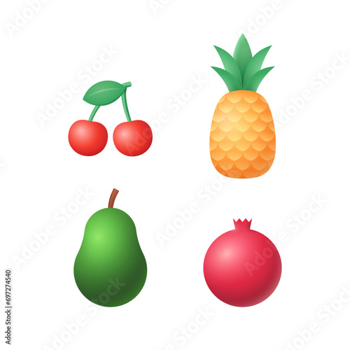 Fototapeta Naklejka Na Ścianę i Meble -  Fruits Set Vector Illustration. Cherry, Pineapple, Avocado and Pomegranate. Realistic 3d Icons