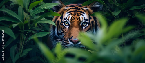 Tiger peering through green foliage © 文广 张