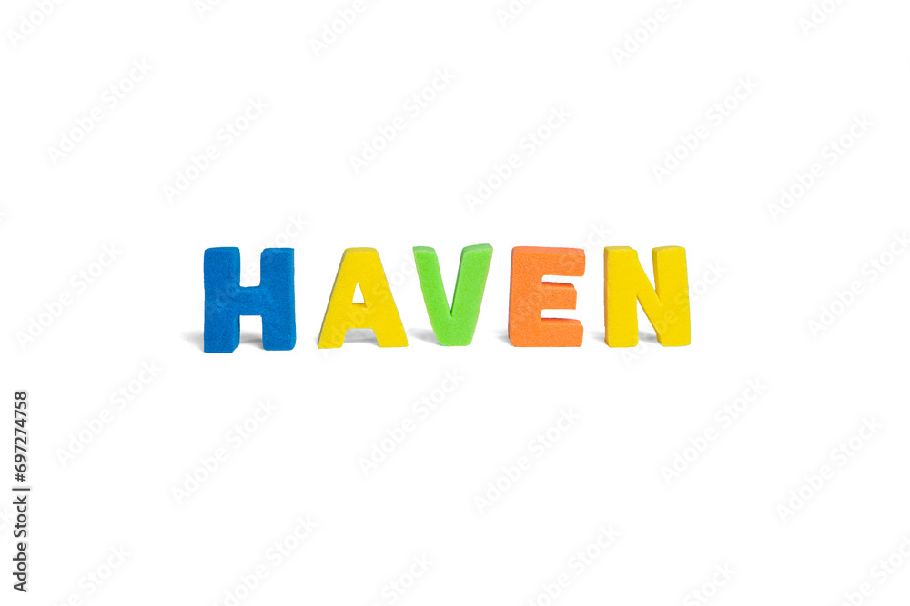 word haven is made of multicolored three-dimensional sponge letters on a white background