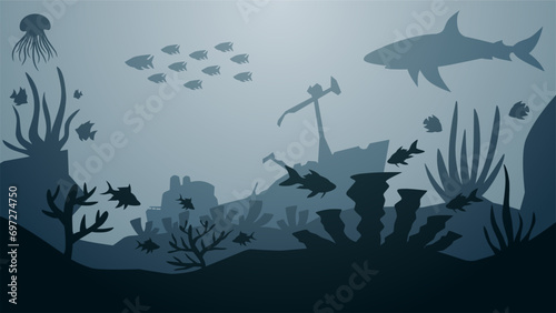 Seascape vector illustration. Scenery of shipwreck in the bottom sea with fish and coral reef. Undersea landscape for illustration, background or wallpaper