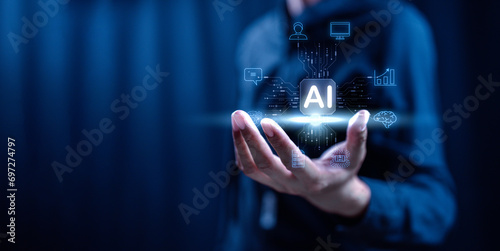 Artificial Intelligence. man using technology smart robot AI, Chatbot Chat with AI, , artificial intelligence by enter command prompt for generates something, Futuristic technology transformation.
