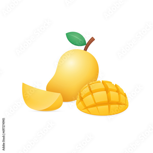 Mango Vector Illustration. Whole and Slices. Realistic 3d Vector