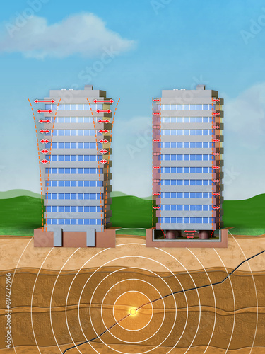 Standard and antiseismic building during an earthquake photo