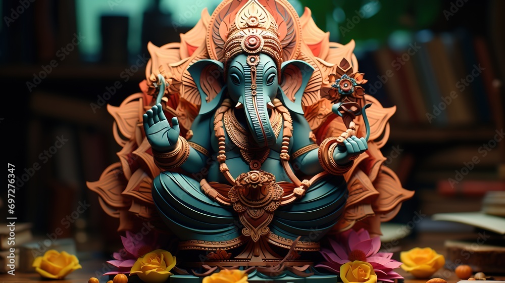Origami of Hindu God Ganes in Colorful Flower Crafts - obrazy, fototapety, plakaty 