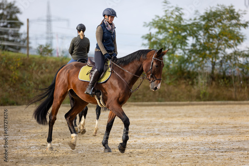 Horse with rider in the riding arena initiating a turn at the trot.