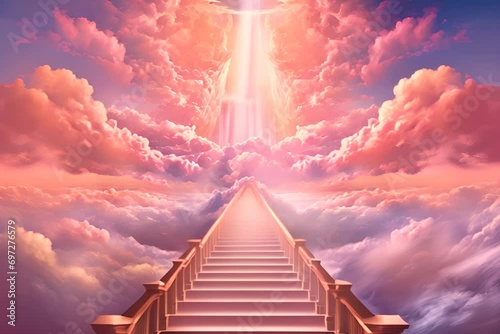 Stairway through the clouds to the heavenly light. Staircase leading to heaven. Generative AI. photo