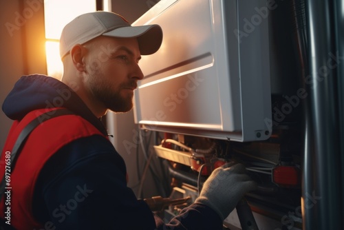 A man in a red vest and white hat is fixing a refrigerator. Suitable for home repair and maintenance concepts