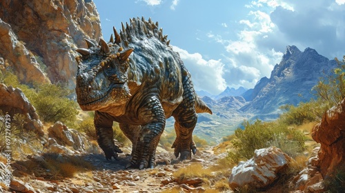 A lifelike image of an Ankylosaurus wandering through a sparse, dry prehistoric landscape, with detailed textures on its armor-like skin and the surrounding rugged terrain, photo