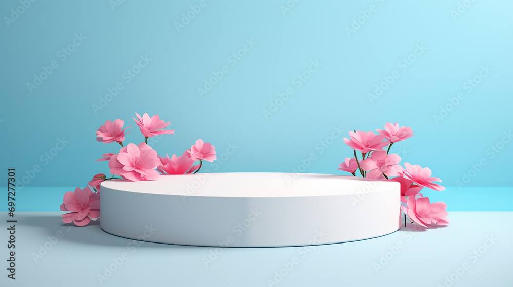 3d rendered pastel empty display podium with flowers Minimal scene for product display presentation 3d rendered pastel empty display podium with flowers Minimal scene for product display presentation