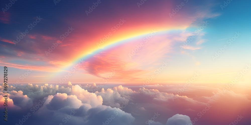 Background awesome blue sky with pretty clouds, Beautiful rainbow in the sky over the clouds, A rainbow appears on the sky above some clouds, generative AI


