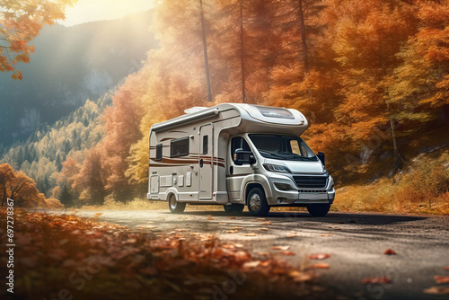 motorhome or big family van in a road trip, autumn forest natural background