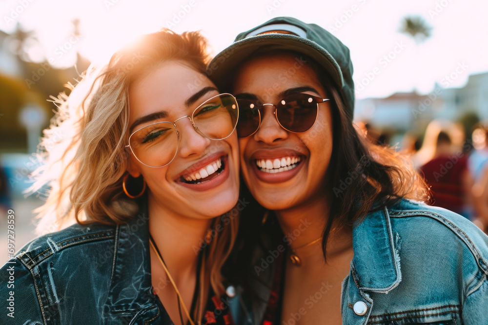 female friends smiling and embracing each other outdoors
