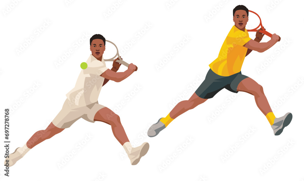 Two figures of a dark-skinned tennis player who strikes with a racket, holding it with two hands