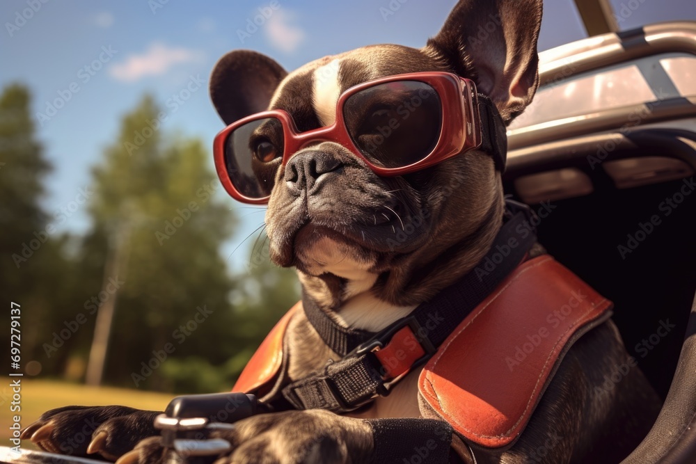 A dog wearing sunglasses sitting in the back of a car. Perfect for pet lovers and travel enthusiasts A dog wearing sunglasses sitting in the back of a car. Perfect for pet lovers and travel enthusiasts