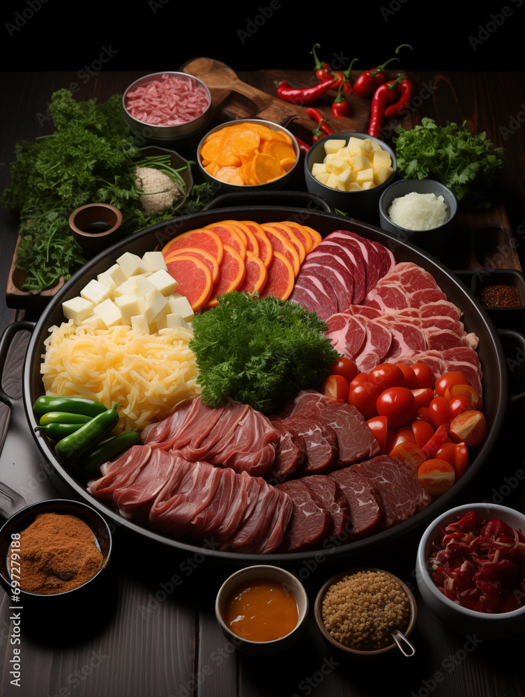 raw meat and vegetables on the grill in kitchen raw meat and vegetables on the grill in kitchen