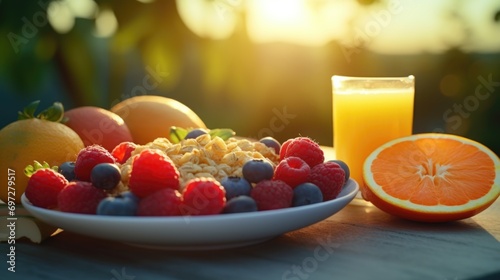 A bowl of cereal with fresh fruit and a glass of orange juice. Ideal for breakfast or a healthy meal option
