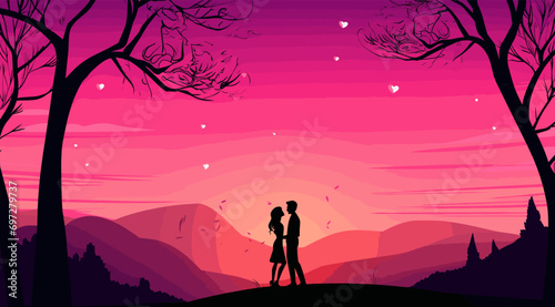 couple in love hugging on purple sunset with hearts. vector illustration