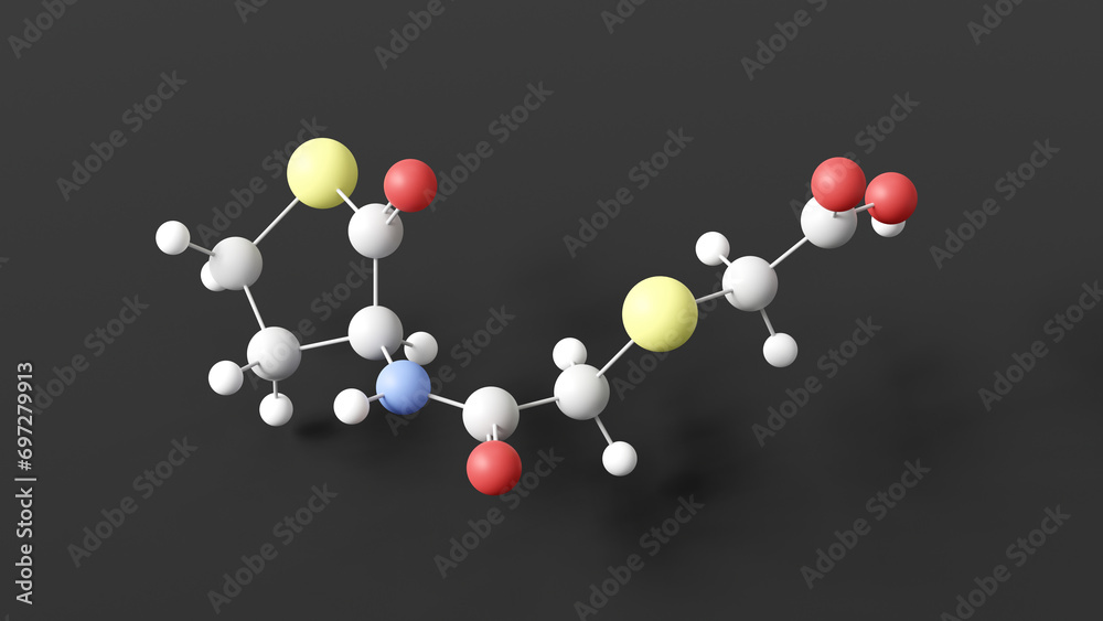 erdosteine molecular structure, mucolytic, ball and stick 3d model, structural chemical formula with colored atoms