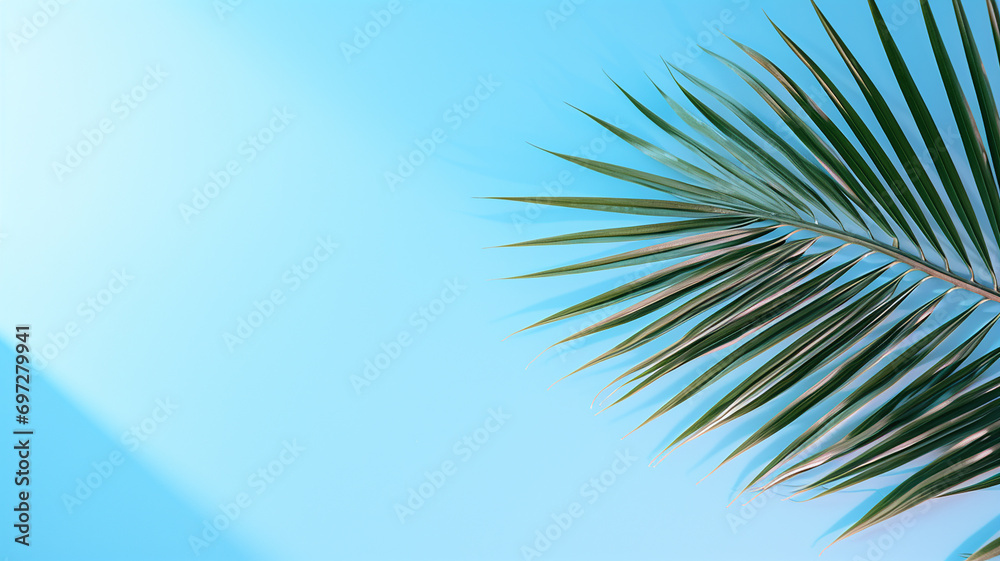 Fototapeta premium top view of palm leaves on blue background copy space, Tropical palm leaves from above - flat lay