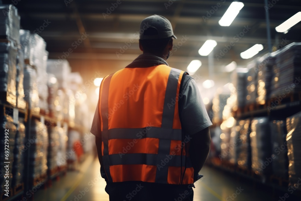 A man wearing an orange vest standing in a warehouse. Suitable for industrial and construction themes