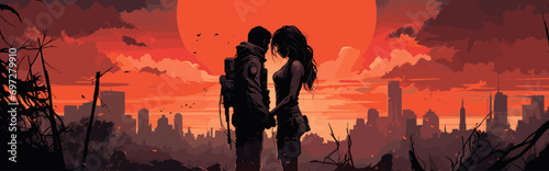 Valentine's Day in the arms of the Apocalypse, a couple at sunset. vector illustration