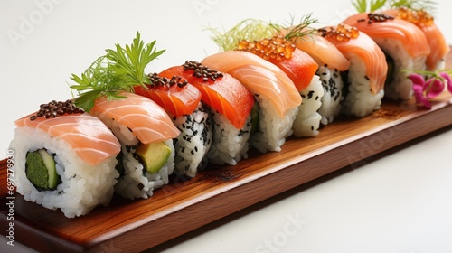 A sushi roll with salmon, avocado, and cucumber.