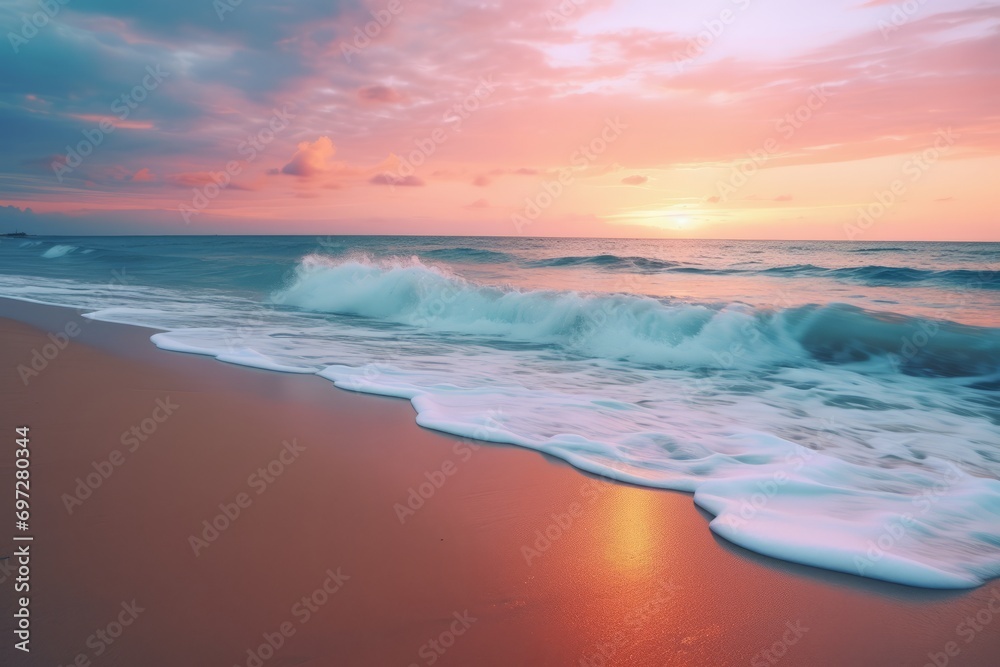 Beautiful sunset over the sea. Colorful sky and sea waves.