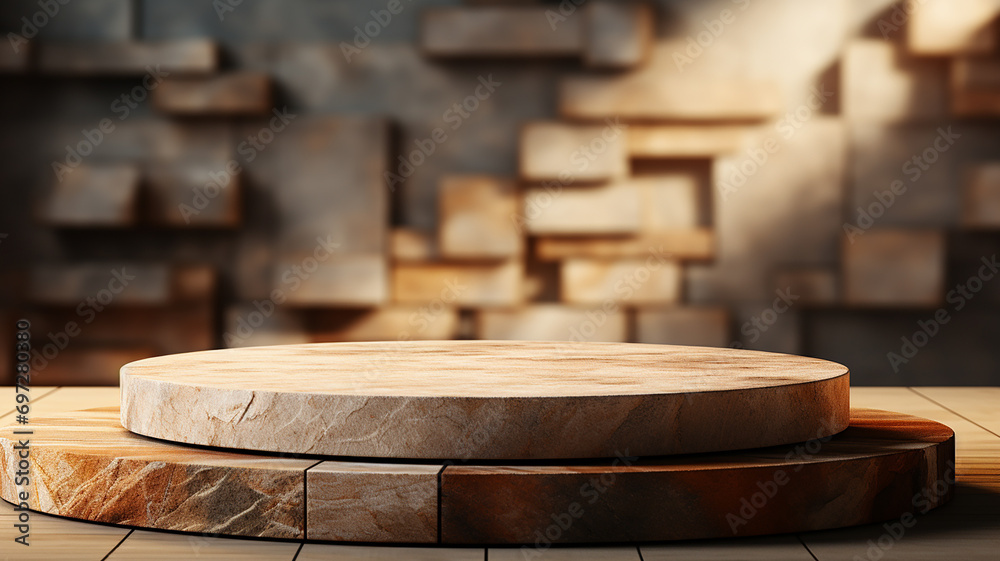 empty concrete natural stone podium for showing packaging and product on blurred background, copy space ,3d rendered