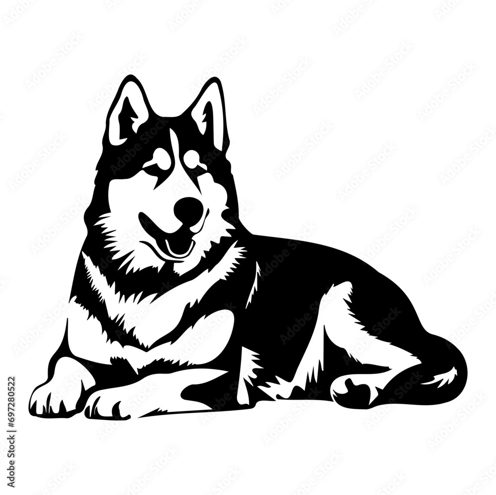 Siberian Husky dog resting silhouette illustration, Siberian Husky dog resting Logo Monochrome Design, Generative AI.