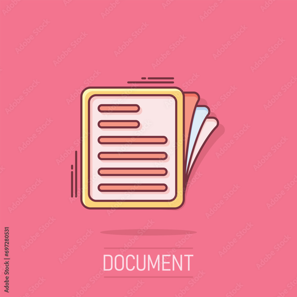 Document note icon in comic style. Paper sheet vector cartoon illustration pictogram. Notepad document business concept splash effect. Document note icon in comic style. Paper sheet vector cartoon illustration pictogram. Notepad document business concept splash effect.