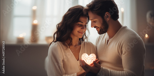  Couple of lovers on Valentine's Day. People, man and woman holding a glowing heart in their hands in a cozy home environment in the bedroom photo