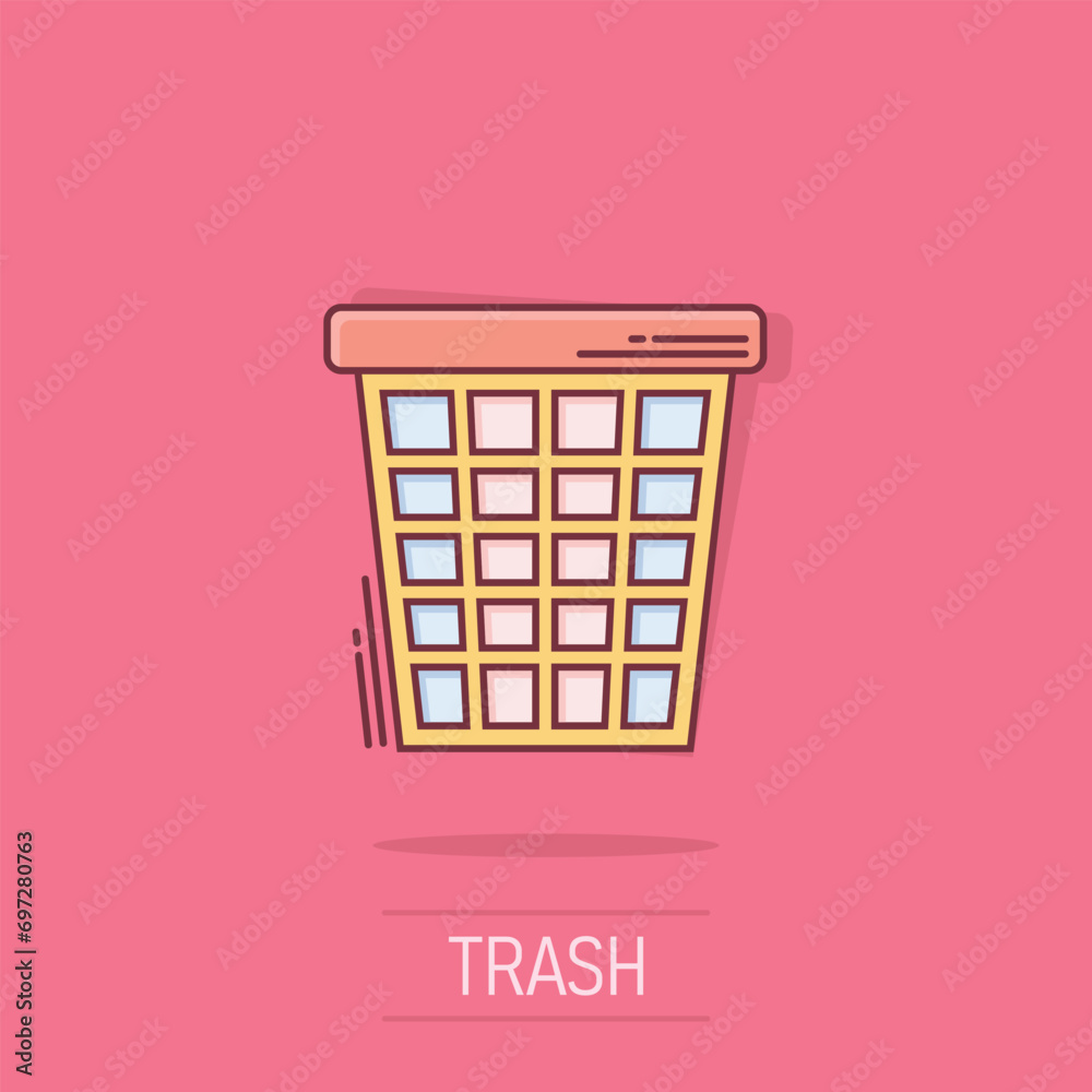 Trash bin garbage icon in comic style. Trash bucket vector cartoon illustration pictogram. Garbage basket business concept splash effect. Trash bin garbage icon in comic style. Trash bucket vector cartoon illustration pictogram. Garbage basket business concept splash effect.