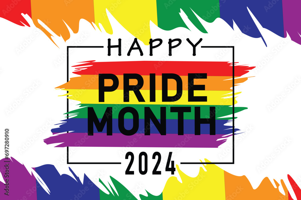 Happy pride month 2024 text with lgbtq+ colors vectors illustration. concept for respecting and supporting the diversity of LGBTQ+ genders in pride month. - obrazy, fototapety, plakaty 