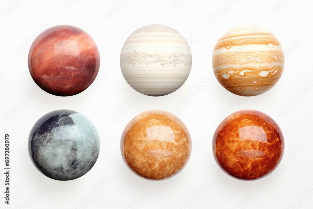 A picture of a group of eight planets on a white surface. Can be used for educational purposes or in science-related projects A picture of a group of eight planets on a white surface. Can be used for educational purposes or in science-related projects