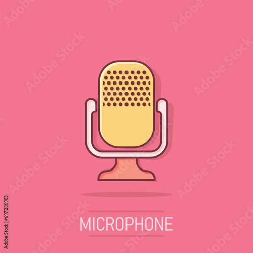 Microphone icon in comic style. Mic broadcast vector cartoon illustration pictogram. Microphone mike speech business concept splash effect.