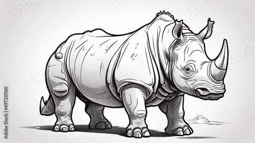 black and white outline art for kids coloring book page on a rhinoceros Coloring pages for kids, clean line art, white background photo